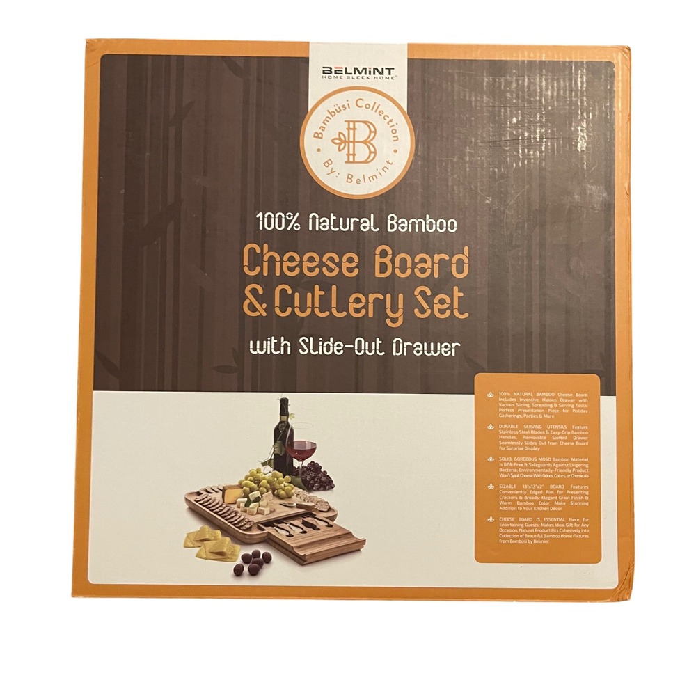 Belmint 100 Natural Bamboo Cheese Board and Cutlery Set with Slide Out‎ Drawer